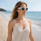 Woman in a light dress wearing Soho Premium Sunglasses stands on a sandy ocean beach.