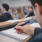 Person taking notes with a Hexa Pen in a busy lecture hall.