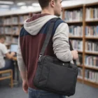 Man with a Swiss Peak Laptop Bag 38Cm in a library, bookshelves in the background.