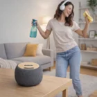 Smiling woman dances while cleaning, with an Ecobeat Bamboo Wireless Speaker on the table.