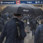 Man with Swiss Peak Personalised Travel Umbrella in rainy station crowd, holding a case.