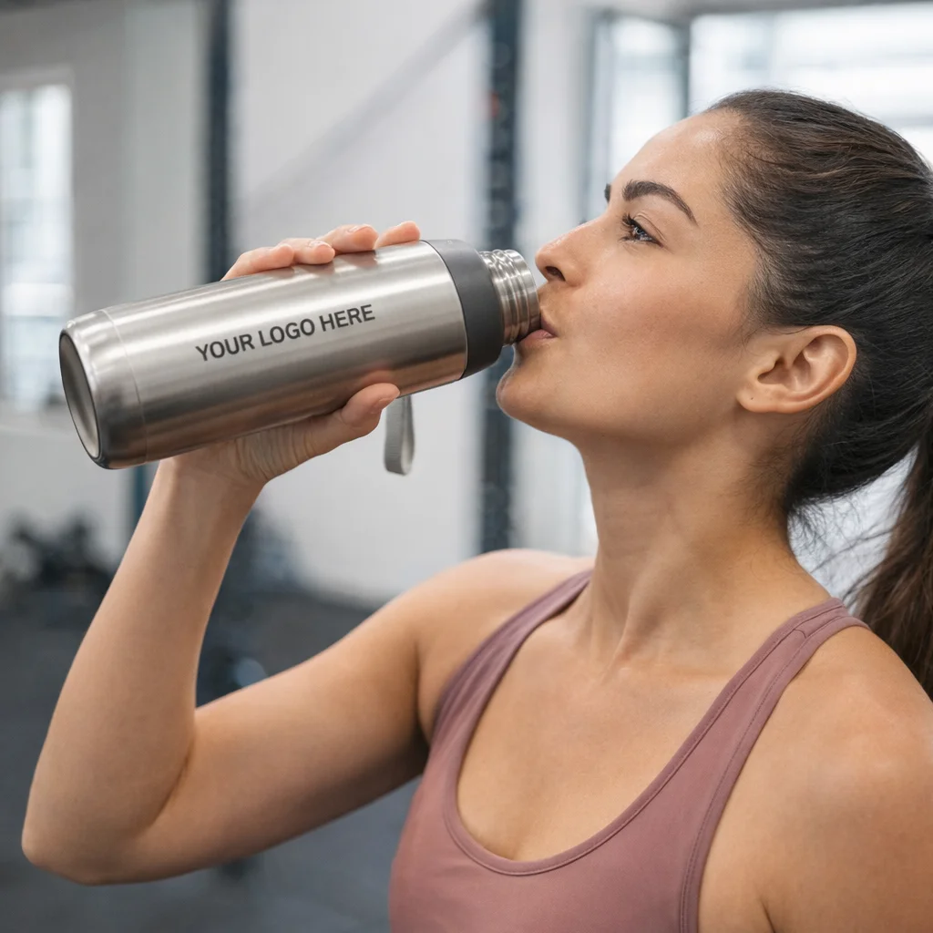 Woman in workout clothes drinks from a Savanna Metal Water Bottle at the gym.