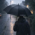 Person holds a Swiss Peak Tornado Umbrella while walking in heavy rain on a street at dusk.