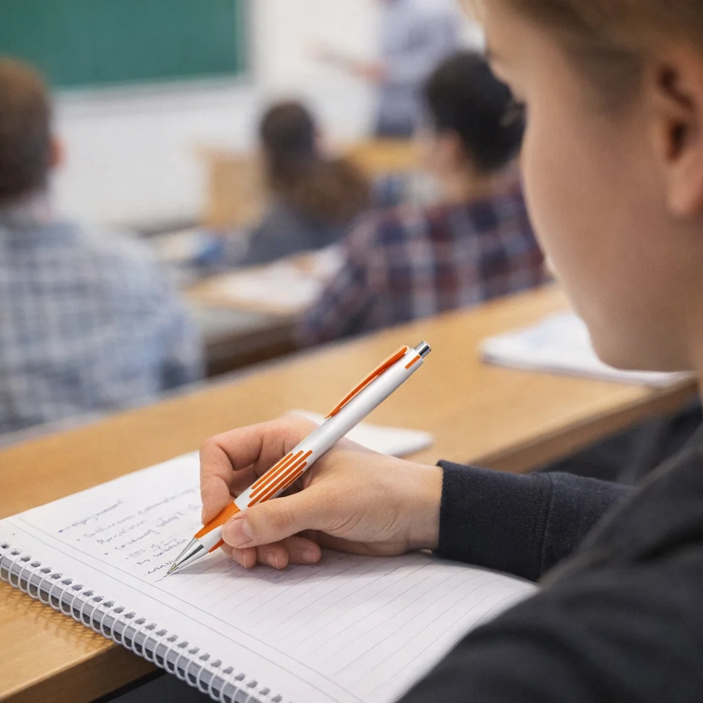 Student writing notes with Branded Thumb Grip Ball Point Pens during a classroom lecture.