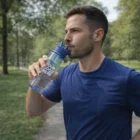 Man in blue shirt drinks from Olly Mix And Match Bottle with Your Logo Here printed on it.
