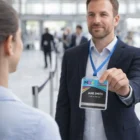 Man giving a name badge in Promo Dual Id Card Holders to a woman at an indoor professional event.