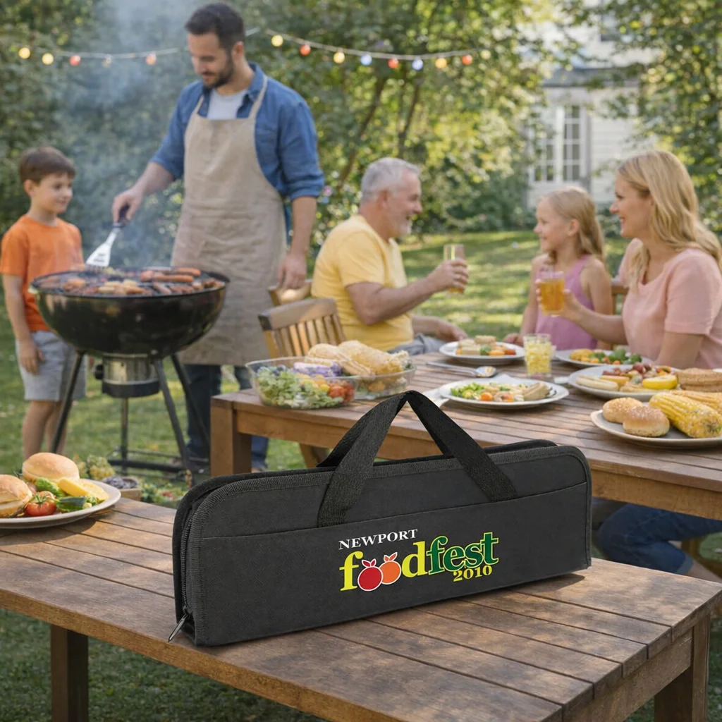 Family having a backyard barbecue with a Promo Bbq Set With Polyester Cases.
