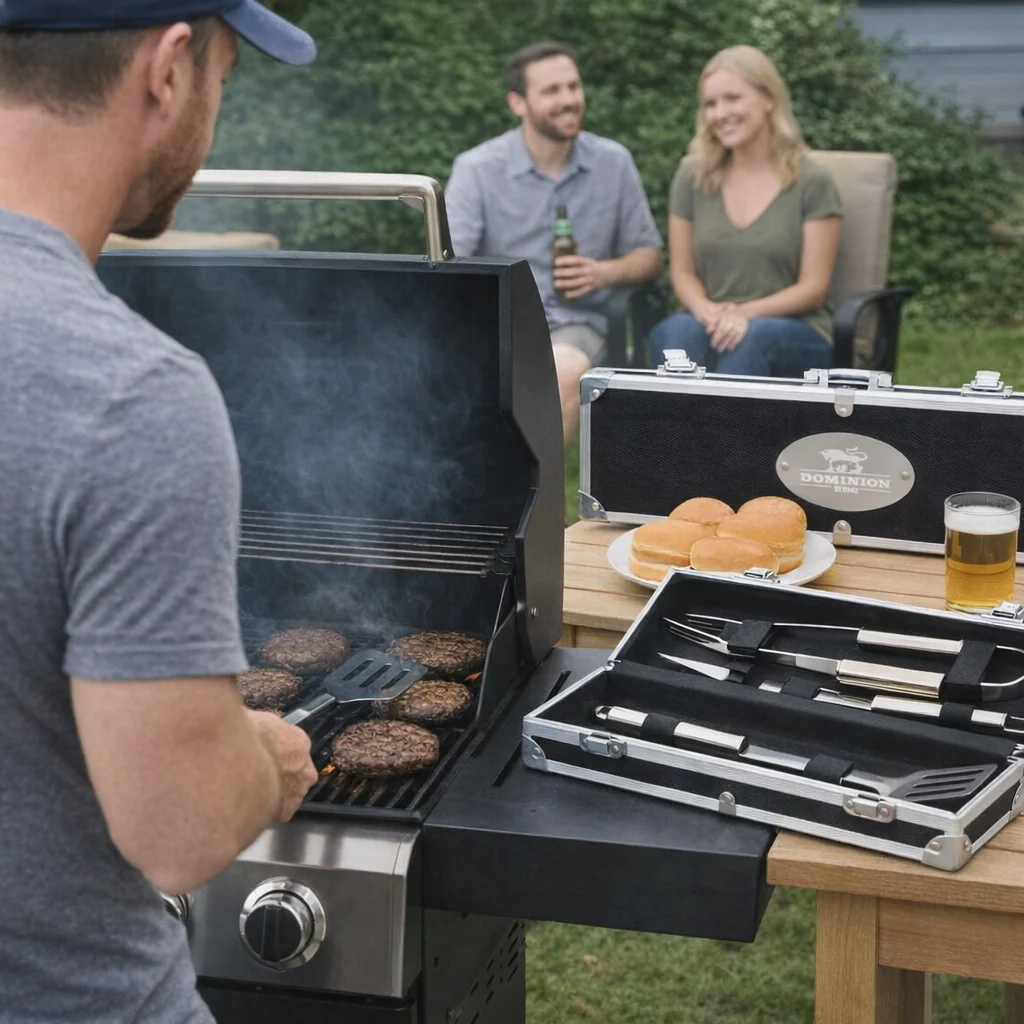 Man grills burgers with Premium Promo Bbq Sets; two people relax in the background.