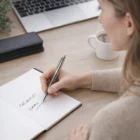 Woman writes Call dentist! Emma in notebook with Brass Ball Pen at desk with laptop, coffee.