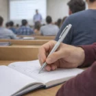 Student taking notes with Oxford Custom Branded Brass Ball Point Pen, teacher blurred behind.