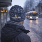 Person in winter clothes wearing Heather Knit Beanies waits at bus stop as a bus approaches.