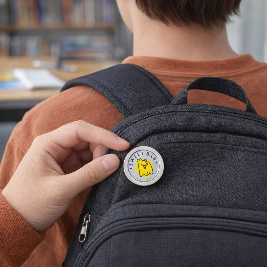 Person holding a black backpack with Lapiz Lapel Pins Round Small and SWEET BAR yellow dog pin.