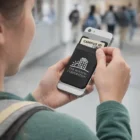 Person holding a Galaxy Phone Wallet with campus ID in The Housing Corporation wallet on back.