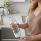 Woman fills a Mirage Glass Drink Bottle at the kitchen sink.
