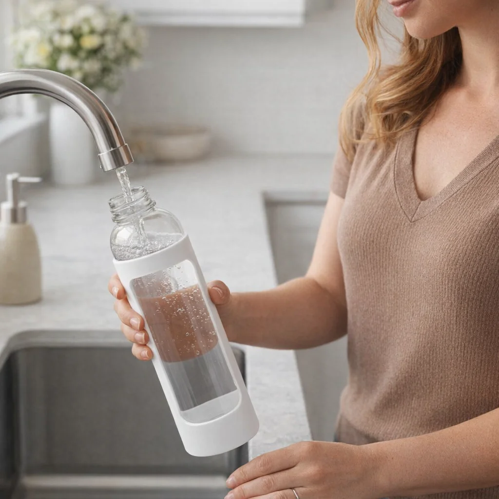 Woman fills a Mirage Glass Drink Bottle at the kitchen sink.