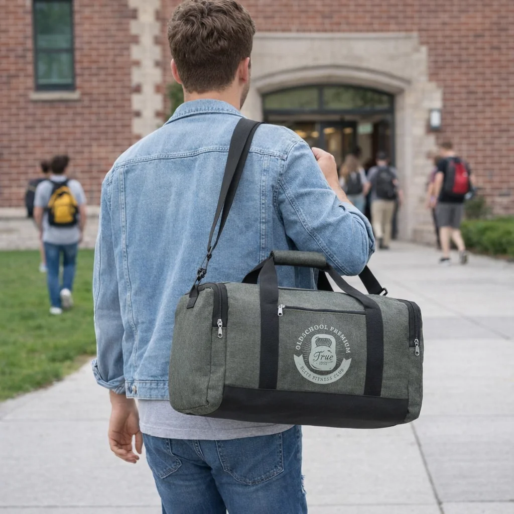 Wearing a denim jacket, person carries Canvas Duffle Bags toward a brick building entrance.