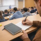 Student taking notes in a lecture hall using Mini Notepads and a pen on the desk.