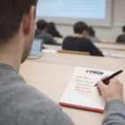 Student taking notes in a lecture hall, writing in an A6 Lined Notebook - 25 Leaves.