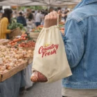 Person holding Cotton Ham Bags With Branding at a farmers market filled with fresh produce.