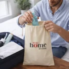 Man packing toiletries into a Drawstring Clothes Bag for easy clothes storage.