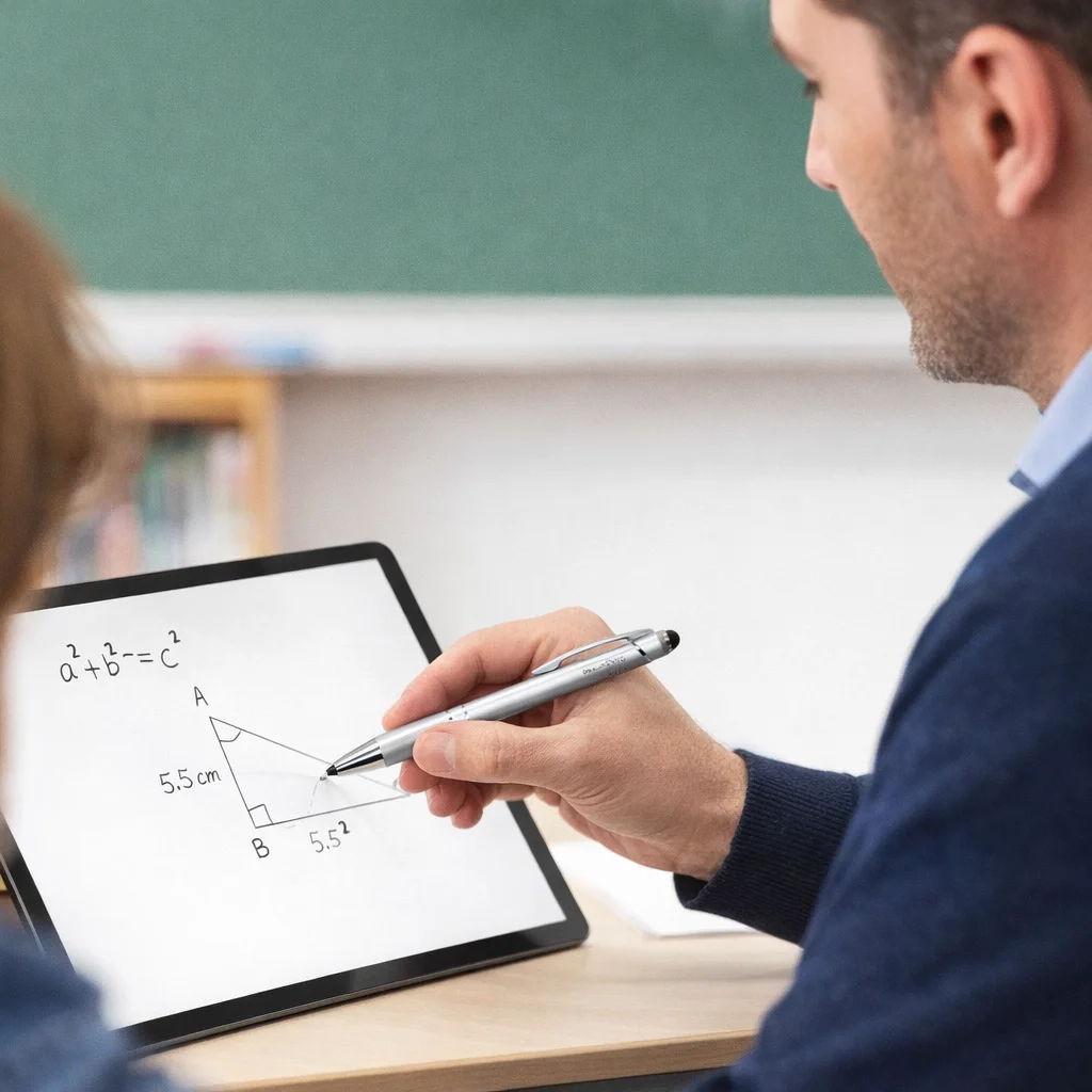 Person points at a right triangle diagram on a tablet with a Starlight Stylus Pen.