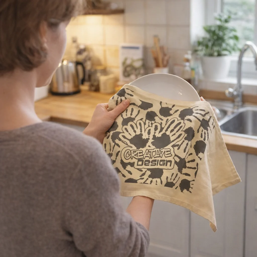 Someone dries a plate with Kitchenhand Tea Towels With Branding in the kitchen.