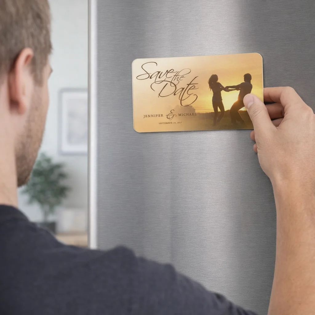 Man placing a Personalised Rectangle Fridge Magnet 12 X 7cm Save the Date on a refrigerator.