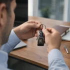 Man with Denver Square Keyrings at a wooden desk beside a notebook.
