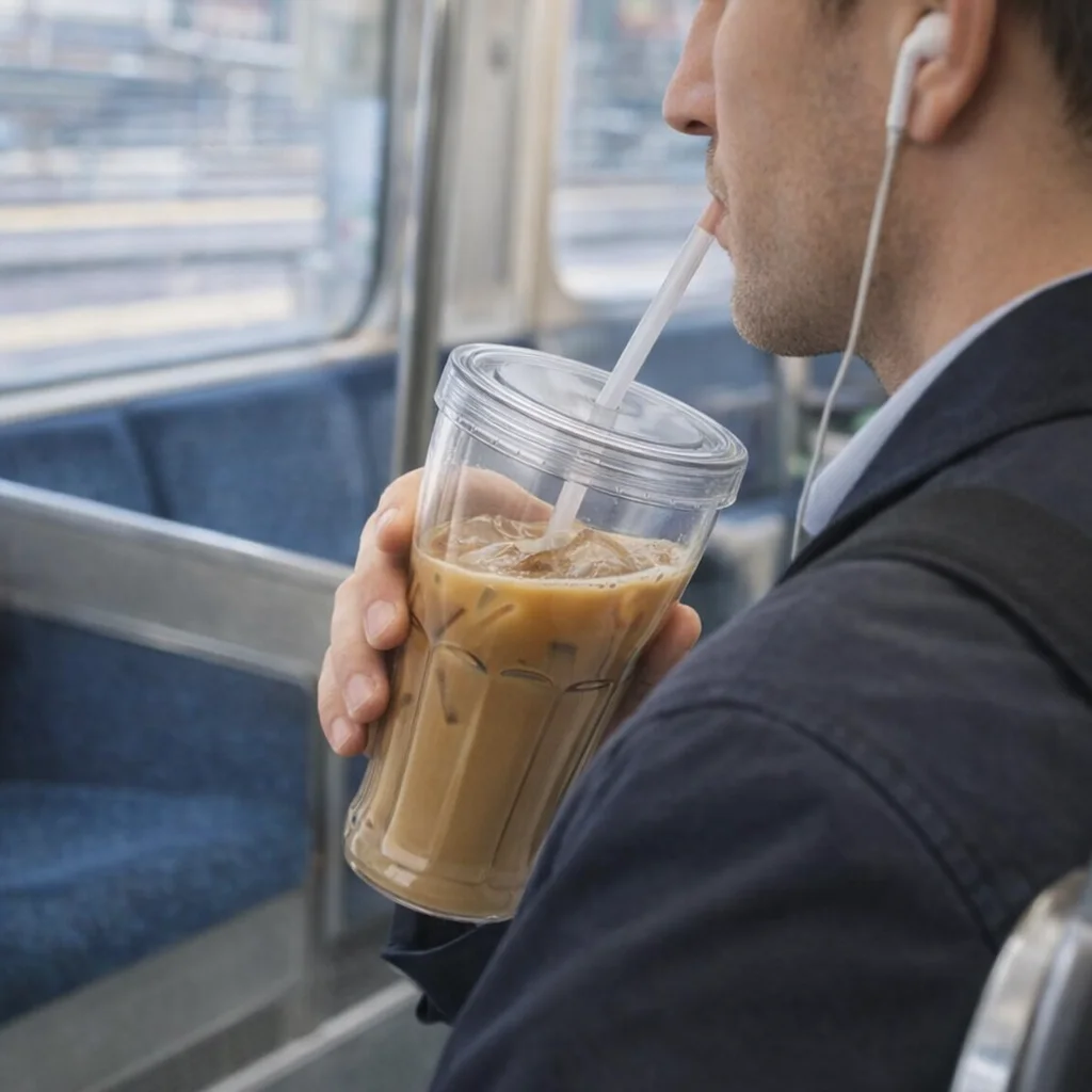 Person sipping iced coffee from a Travel Mugs Carlton on a train, wearing earphones.