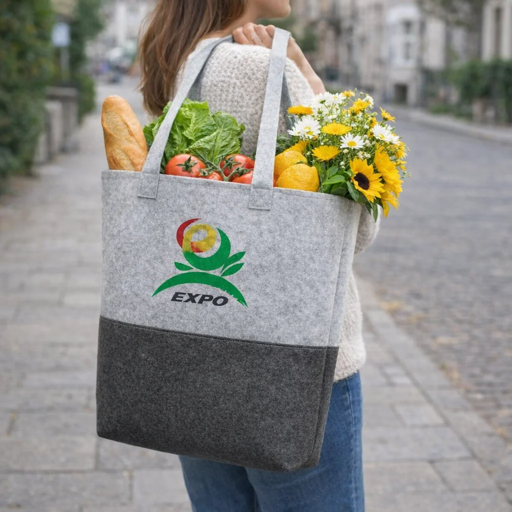 Person holding an Africa Personalised Felt Tote Bag with bread, veggies, and flowers on city street.