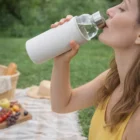 Woman sipping from a Glass Drink Bottles With Sleeve at a picnic on the grassy lawn.