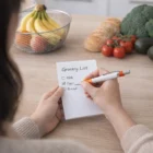 Person writing a grocery list with Zoolander Pens, eggs checked, fruits and veggies nearby.