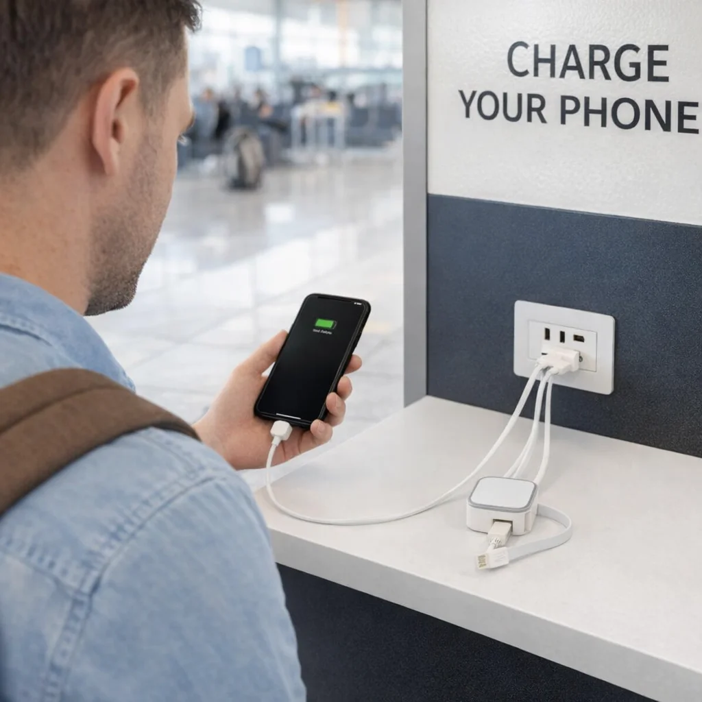 Man charges phone with Custom Logo Smartphone Charge Cord Sets at airport charging station.