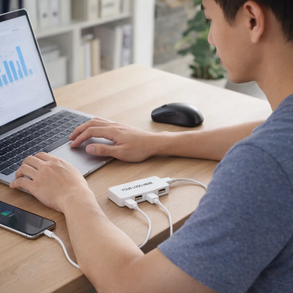Person uses Tech Usb Hubs to connect multiple devices to a laptop on a desk.