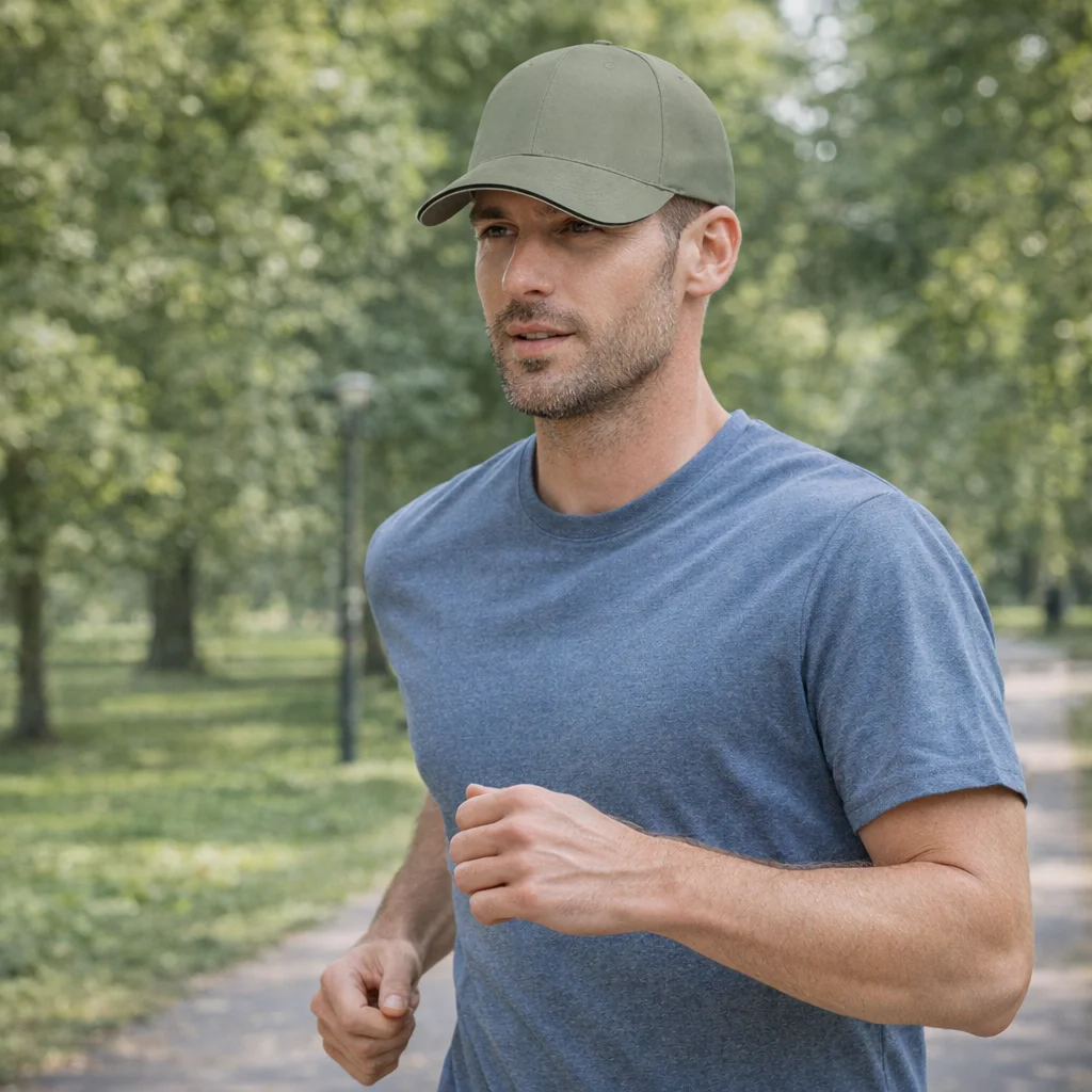Man jogging in a park, wearing Cotton Caps, surrounded by trees.