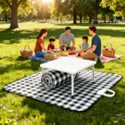 A family enjoys a picnic on Festival Custom Branded Picnic Rugs in a sunny park.
