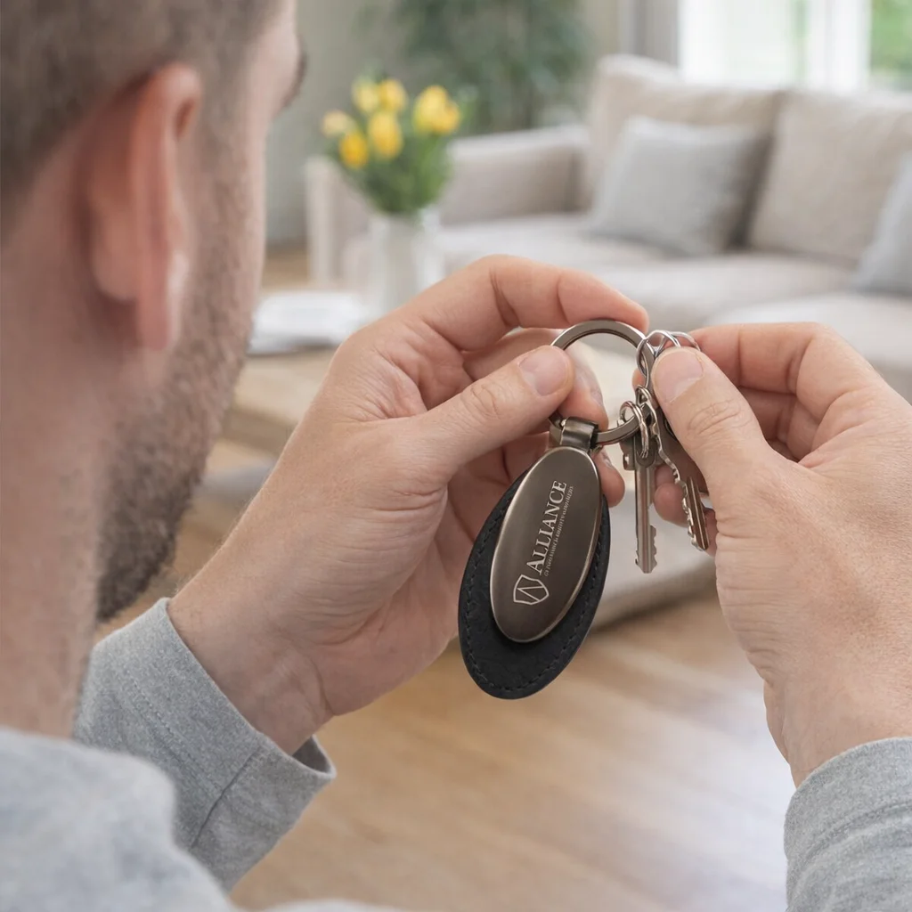 Man holding Stella Personalised Promo Keyrings in a stylish living room.