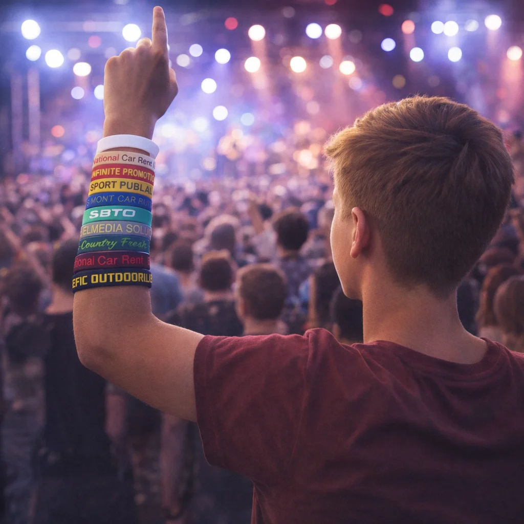 Teen wearing Rubberised Wristbands With Embossing raises hand at concert with crowd and lights.