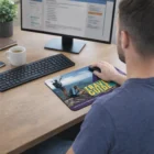 Man using a computer with an On The Move Promotional Mousemat featuring hikers and mountains.