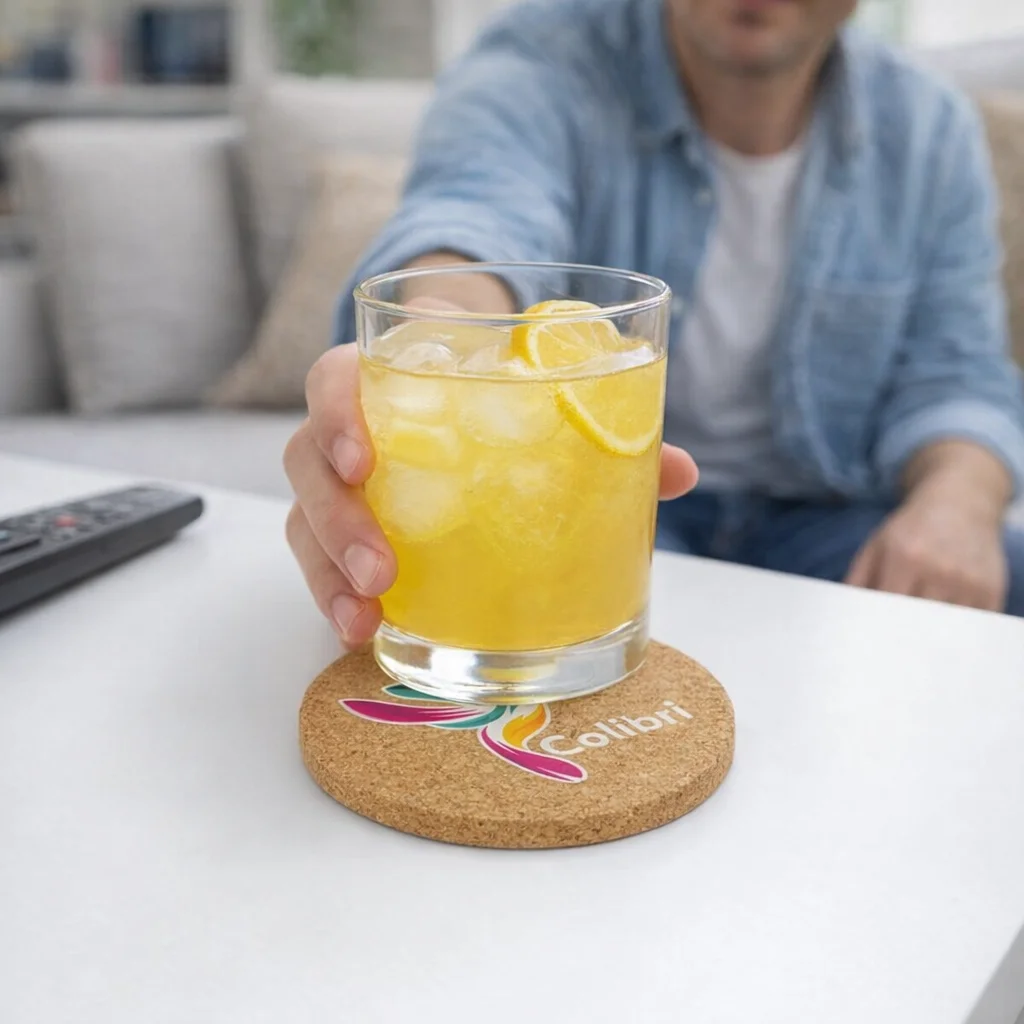 Someone holds an iced yellow drink with lemon on Monroe Custom Branded Cork Coasters.