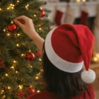 Person in Jingle Bells Santa Hat hangs red ornament on Christmas tree with lights.