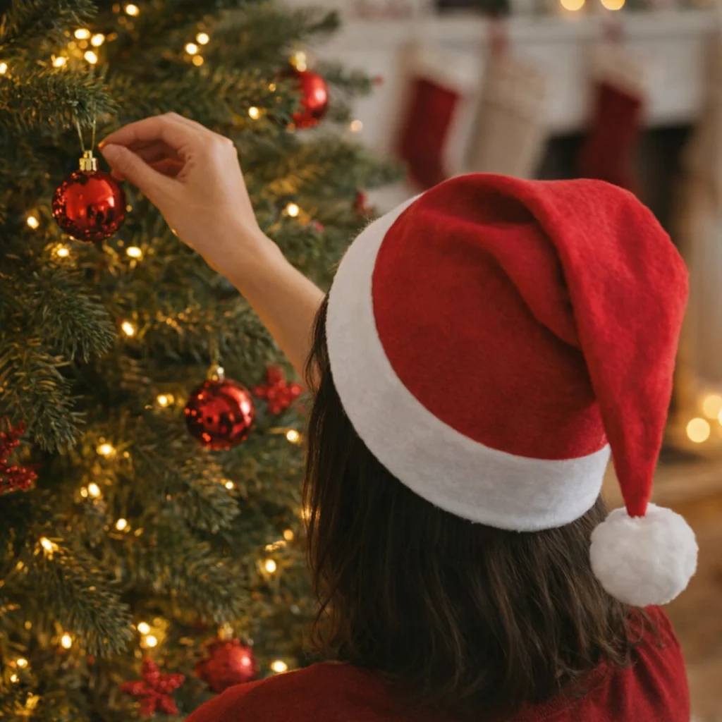 Person in Jingle Bells Santa Hat hangs red ornament on Christmas tree with lights.