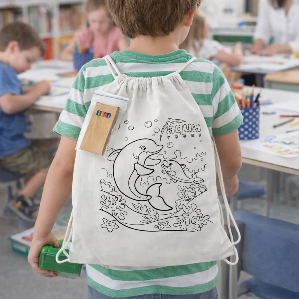 Child with Kids Colouring Backsack—dolphin design—with colored pencils in classroom.