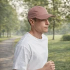 Man jogging in a park wearing a pink Access Cap and white t-shirt, trees in the background.