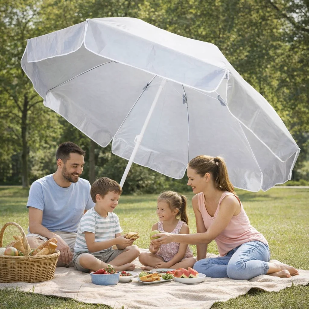 A family of four enjoys a picnic under Flamenco Beach Umbrellas in a sunny park.