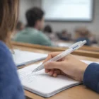 Someone in a classroom uses Antrim Cheap Plastic Pens to take notes.