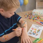 Young boy colors Temporary Tattoos Classic 76Mm X 101Mm at a table with art supplies and candies.