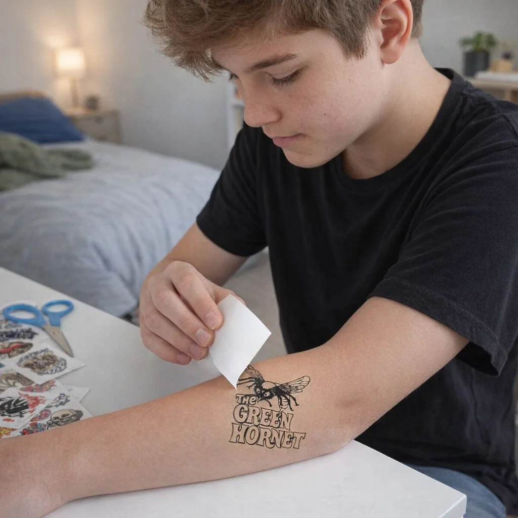 Teen applying a Temporary Tattoos Glow In The Dark 51Mm X 51Mm to their forearm.