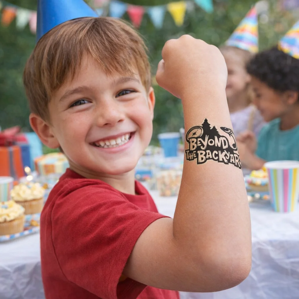 Smiling boy at a party shows off a Temporary Tattoos Glow In The Dark 51Mm X 76Mm on his arm.
