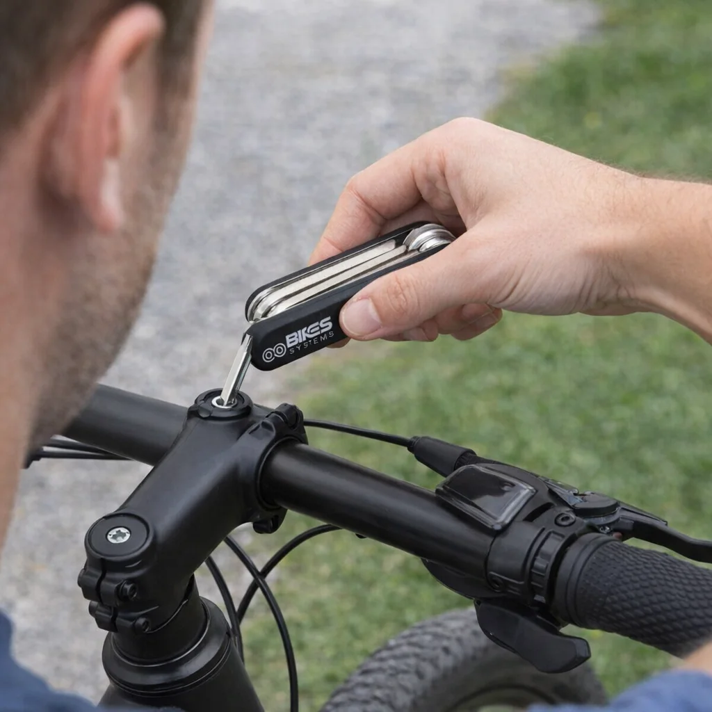 User adjusts bicycle handlebars outdoors with Prepper Compact Personalised Multi Tool Set.